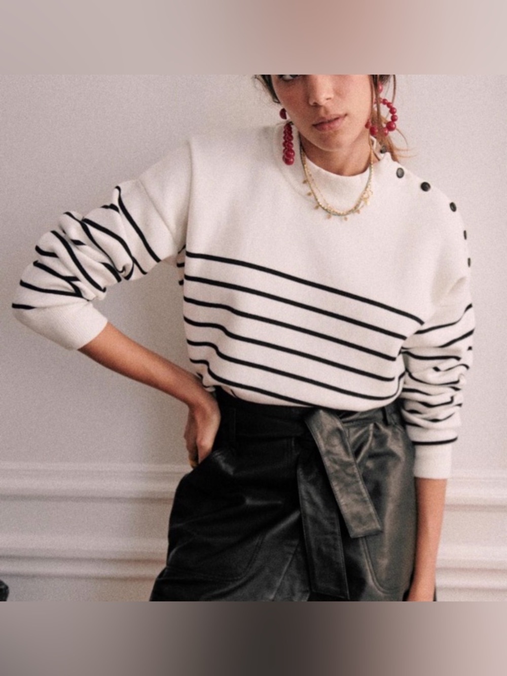 Sezane Gabin Cotton Jumper Sweater in Ecru Navy Sz S